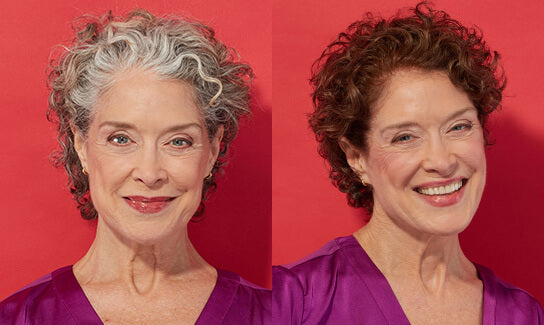 Before and After of older woman with colored brown hair