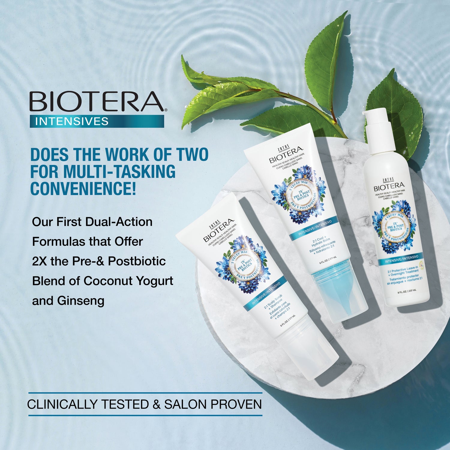 Does the work of two for multi-tasking convenience! Our first dual-action formulas that offer 2 times the pre and postbiotic blend of coconut yogurt and ginseng. Clinically tested and salon proven.