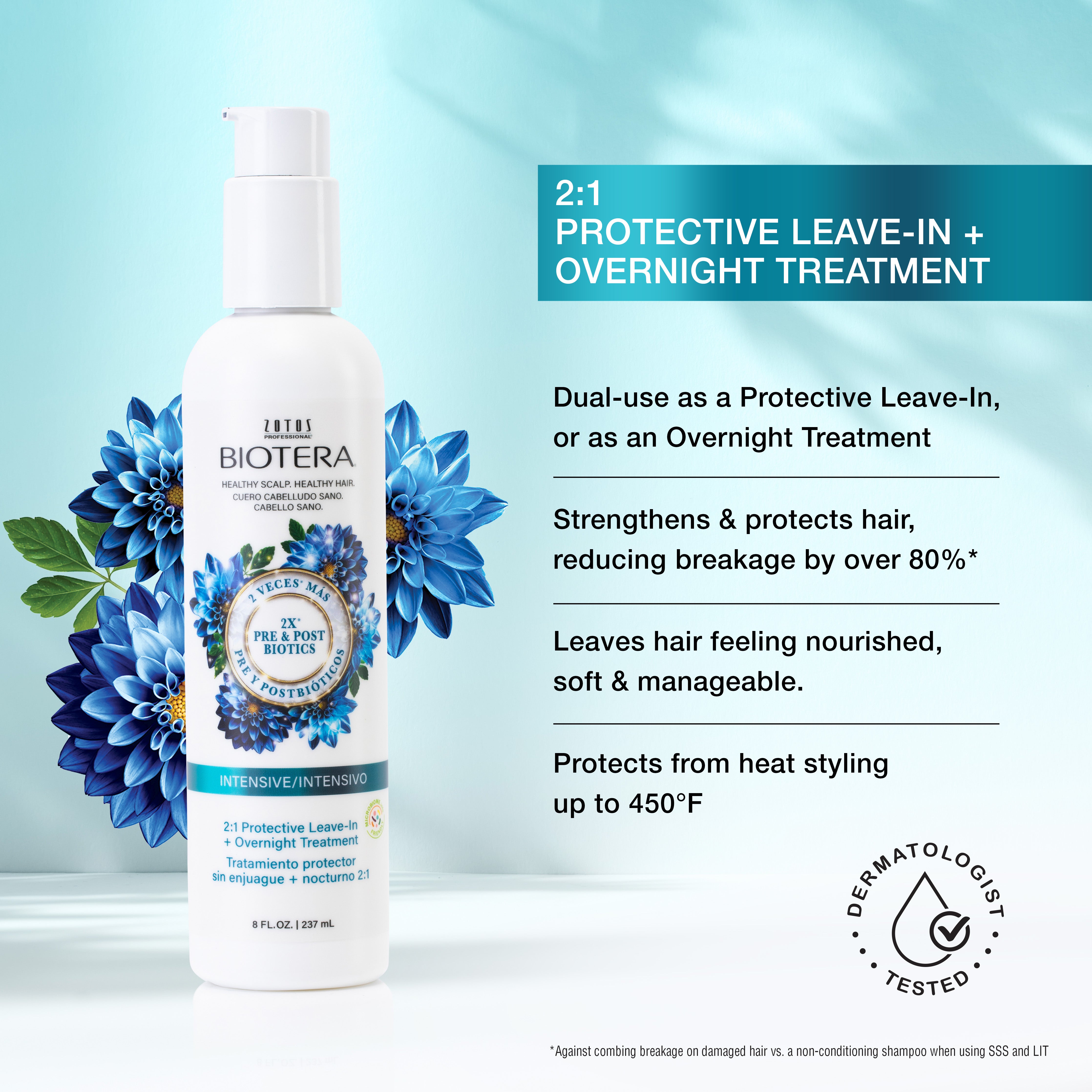 Dual-use as a protective leave-in or as an overnight treatment, strengthens and protects hair, reducing breakage by over 80% (against combing breakage on damage hair vs. a non-conditioning shampoo when using SSS and LIT). Leaves hair feeling nourished, soft and manageable. Protects from heat styling up to 45 degrees Fahrenheit. Dermatologist tested.  