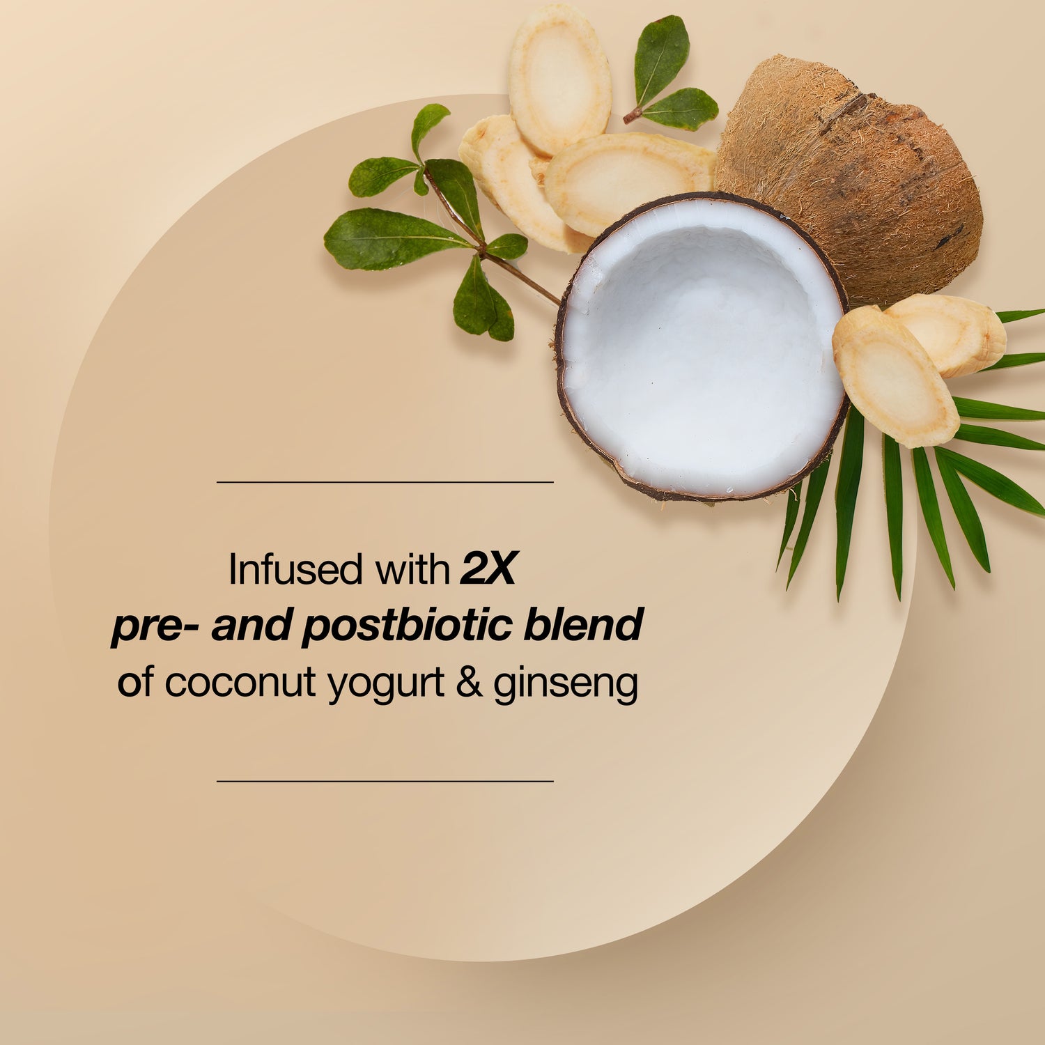 Infused with 2 times pre and postbiotic blend of coconut yogurt and ginseng.