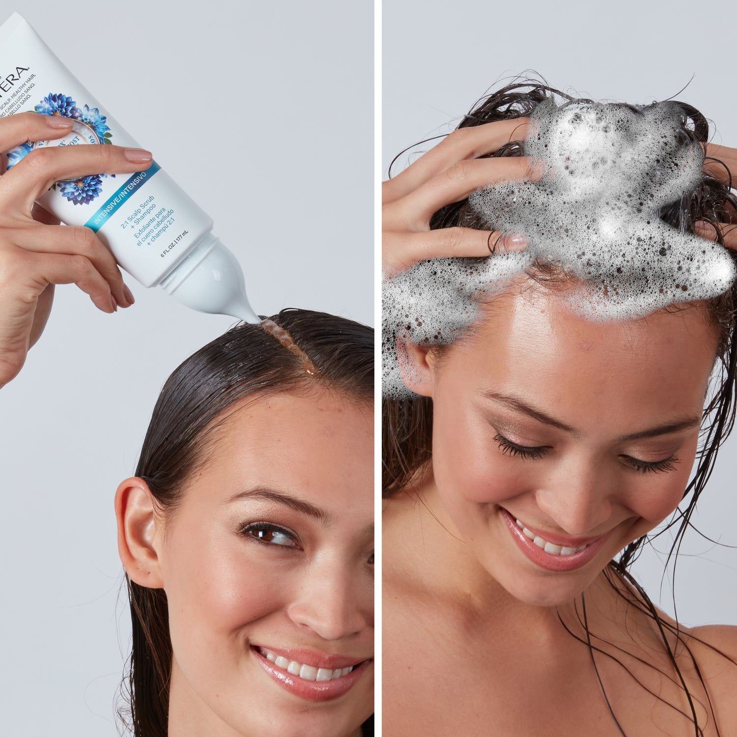 Woman applying Biotera Intensives 2:1 Scalp Scrub and Shampoo directly to her scalp and creating suds. 