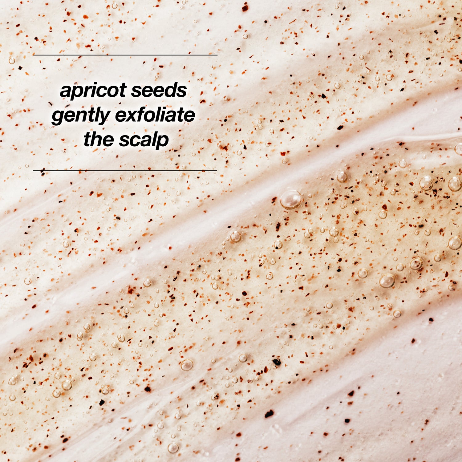 Up-close smear of scalp scrub and shampoo with caption "apricot seeds gently exfoliate the scalp". 