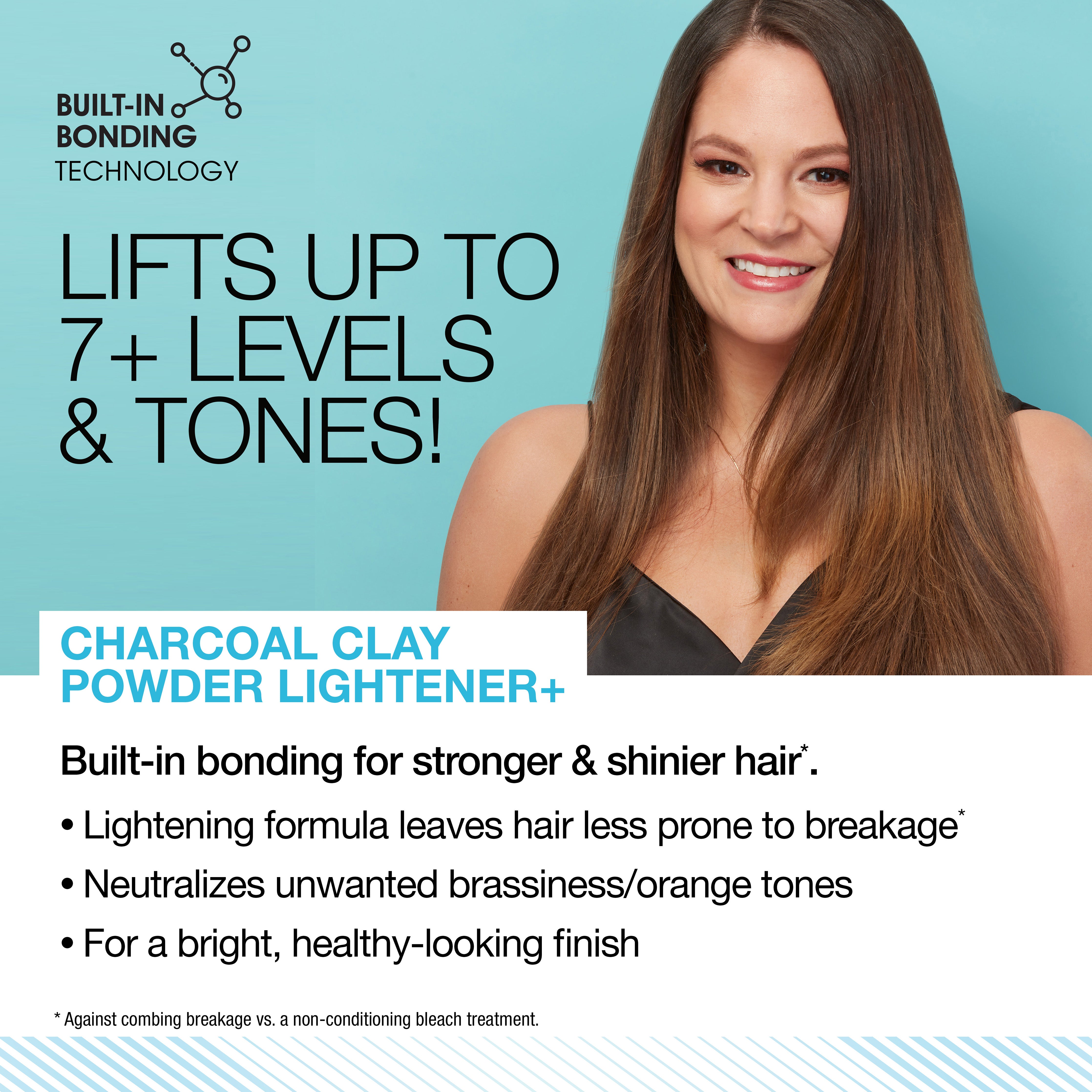 Lifts up to 7+ levels and tones. Built-in bonding for stronger and shinier hair. Lightening formula leaves hair less prone to breakage (against combining breakage vs. a non-conditioning bleach treatment). Neutralizes unwanted brassiness/orange. 