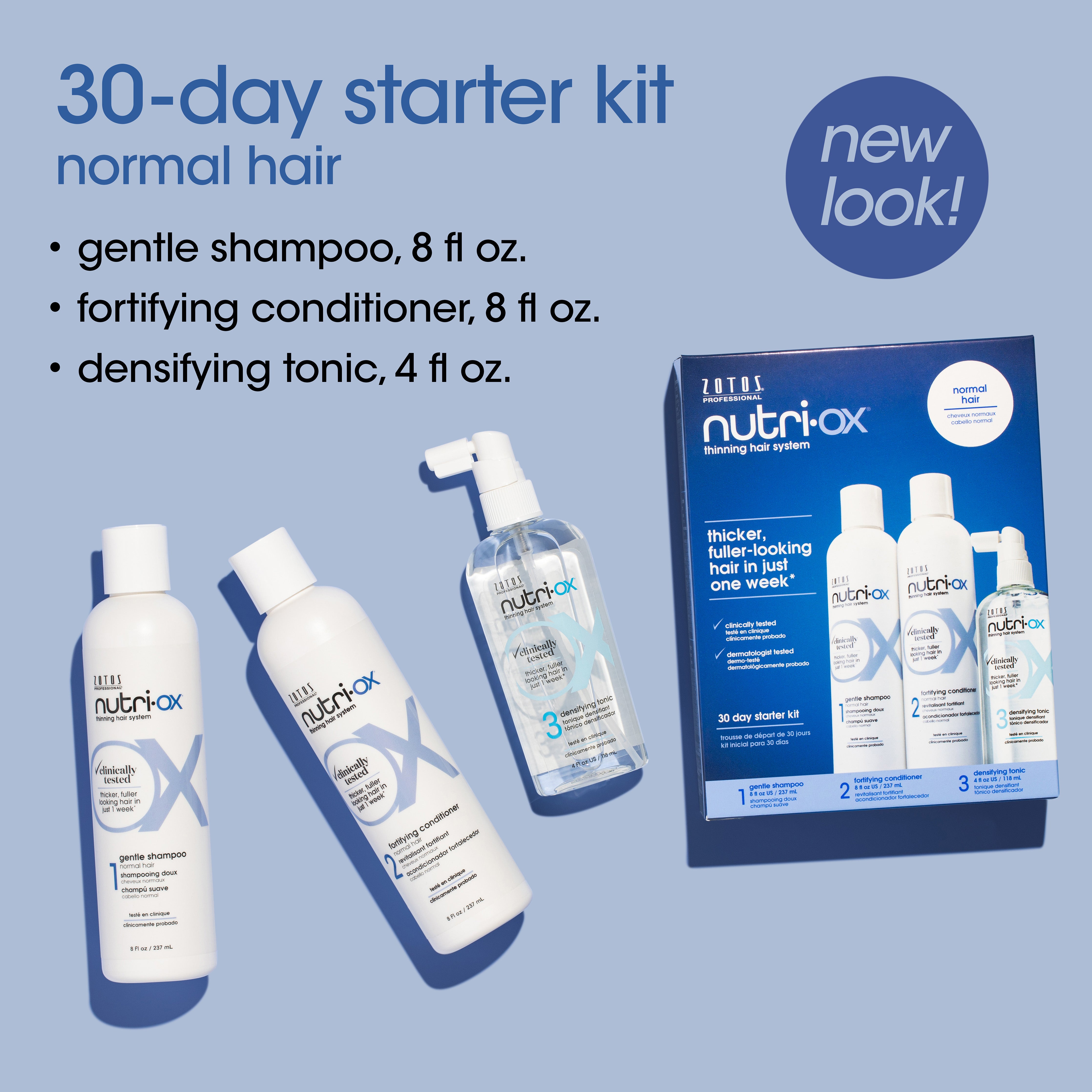 The three bottles included in the 30-day starter kit for normal hair. Includes: gentle shampoo, 8 fl oz, fortifying conditioner, 8 fl oz, and densifying tonic, 4 fl oz.