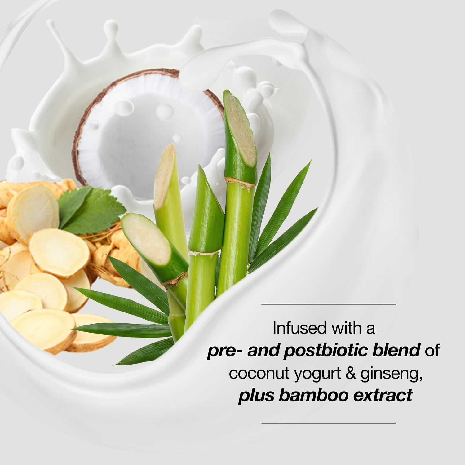 Infused with a pre and postbiotic blend of coconut yogurt and ginseng plus bamboo extract.