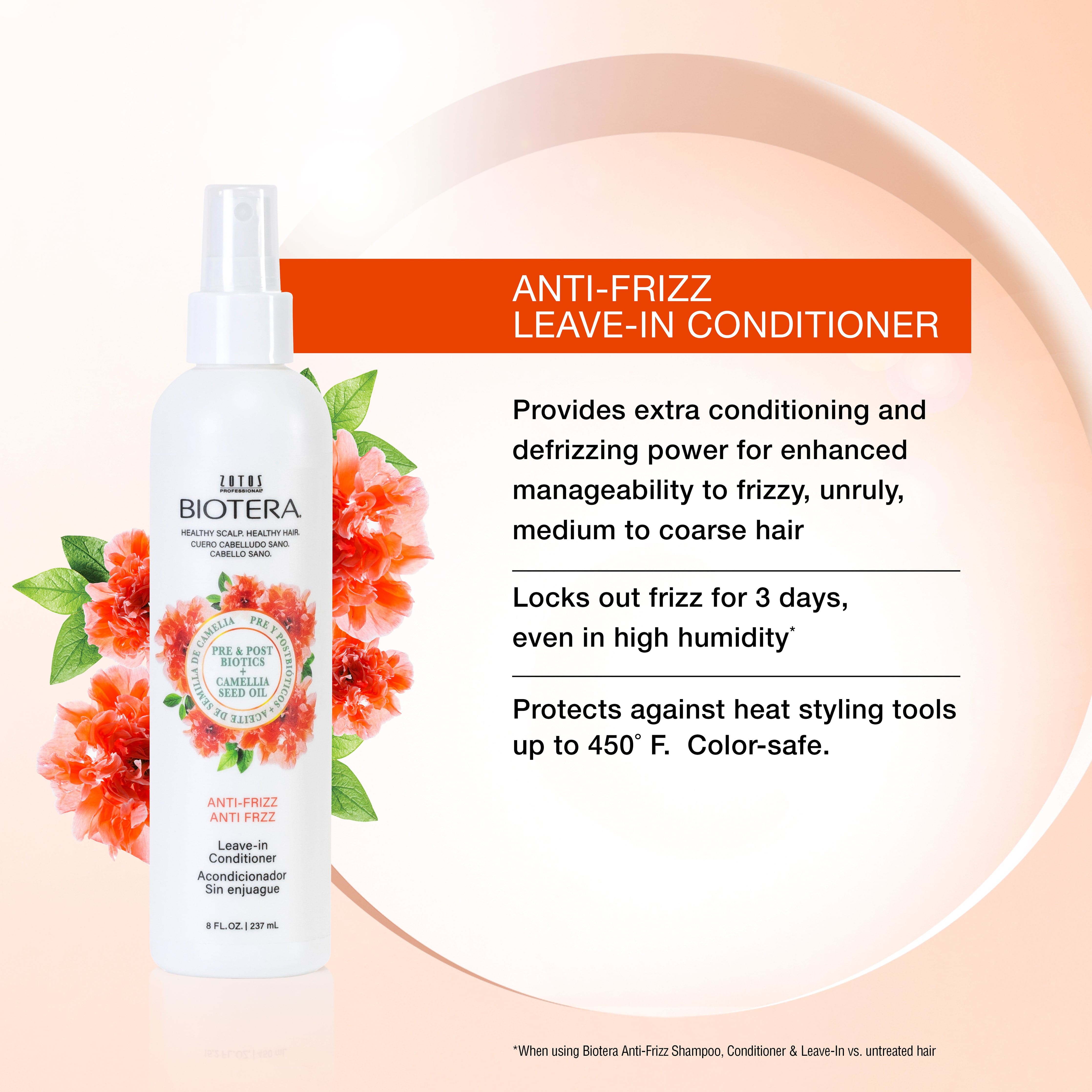 Biotera anti frizz leave in conditioner locks out frizz for 3 days even in high humidity and protects from heat styling tools.