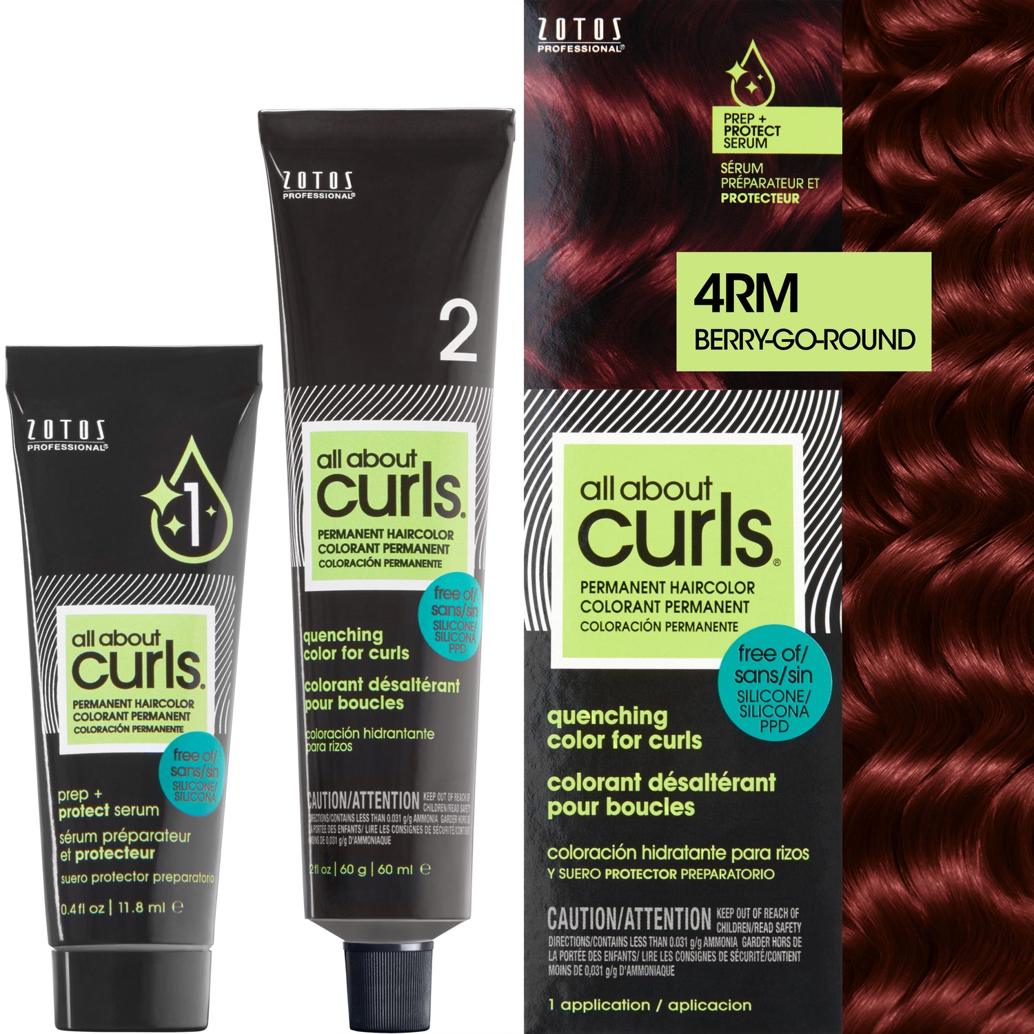 Two bottles and packaging for All About Curls Permanent Color in shade 4RM Berry-Go-Round.