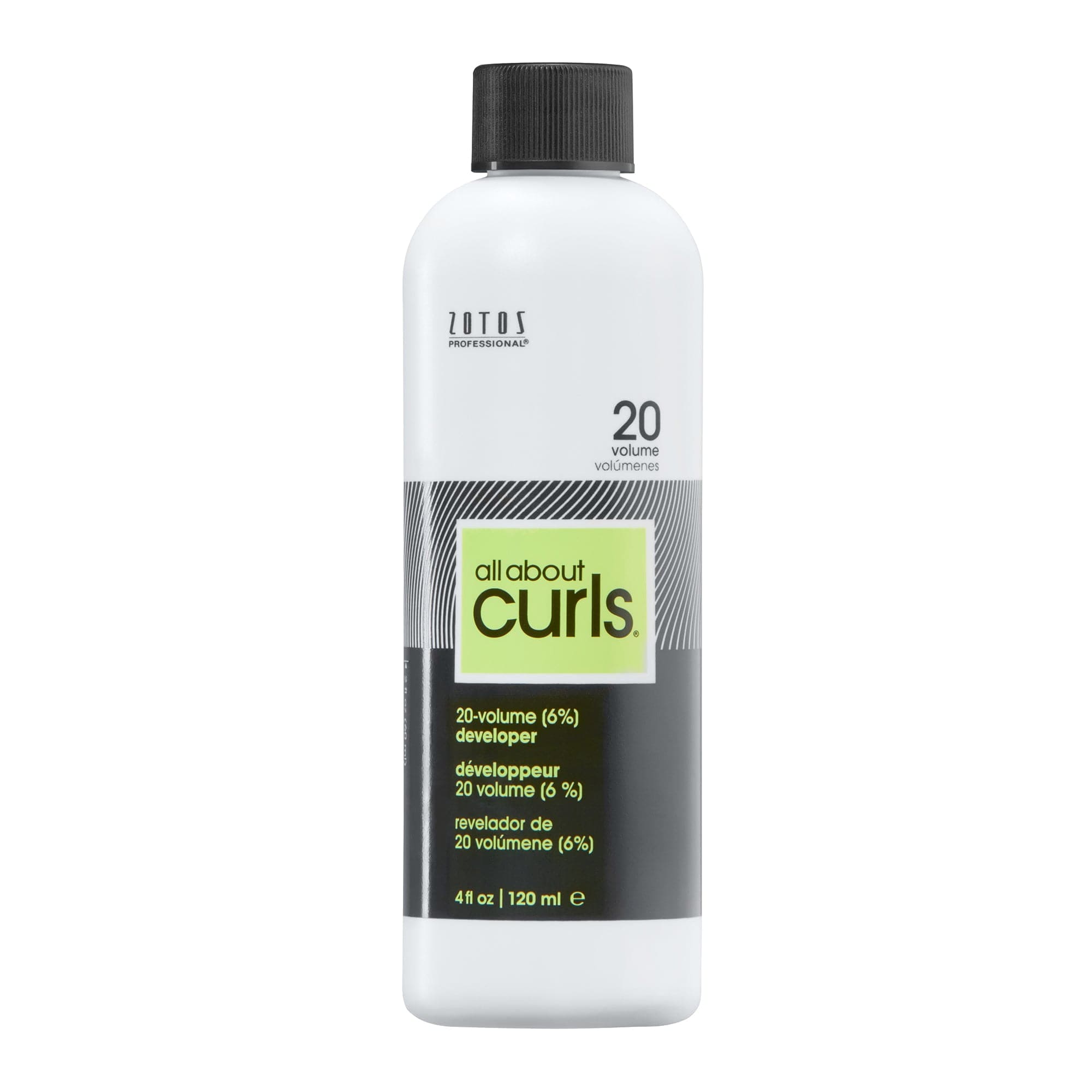 Bottle of All About Curls 20-volume developer.